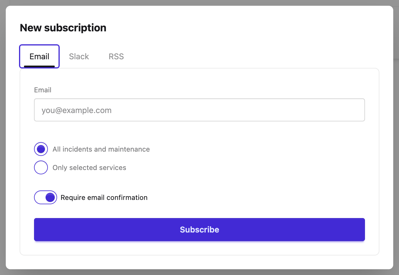 The New Subscription dialog with an Email address field, All incidents and maintenance selected, and a Require email confirmation toggle turned on