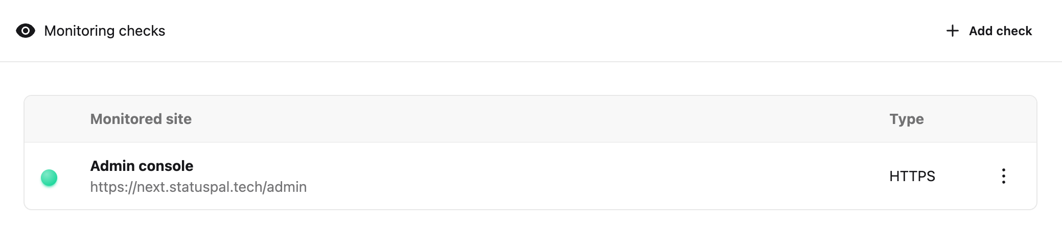 Monitoring checks list showing an HTTPS check for Admin console with a green up indicator