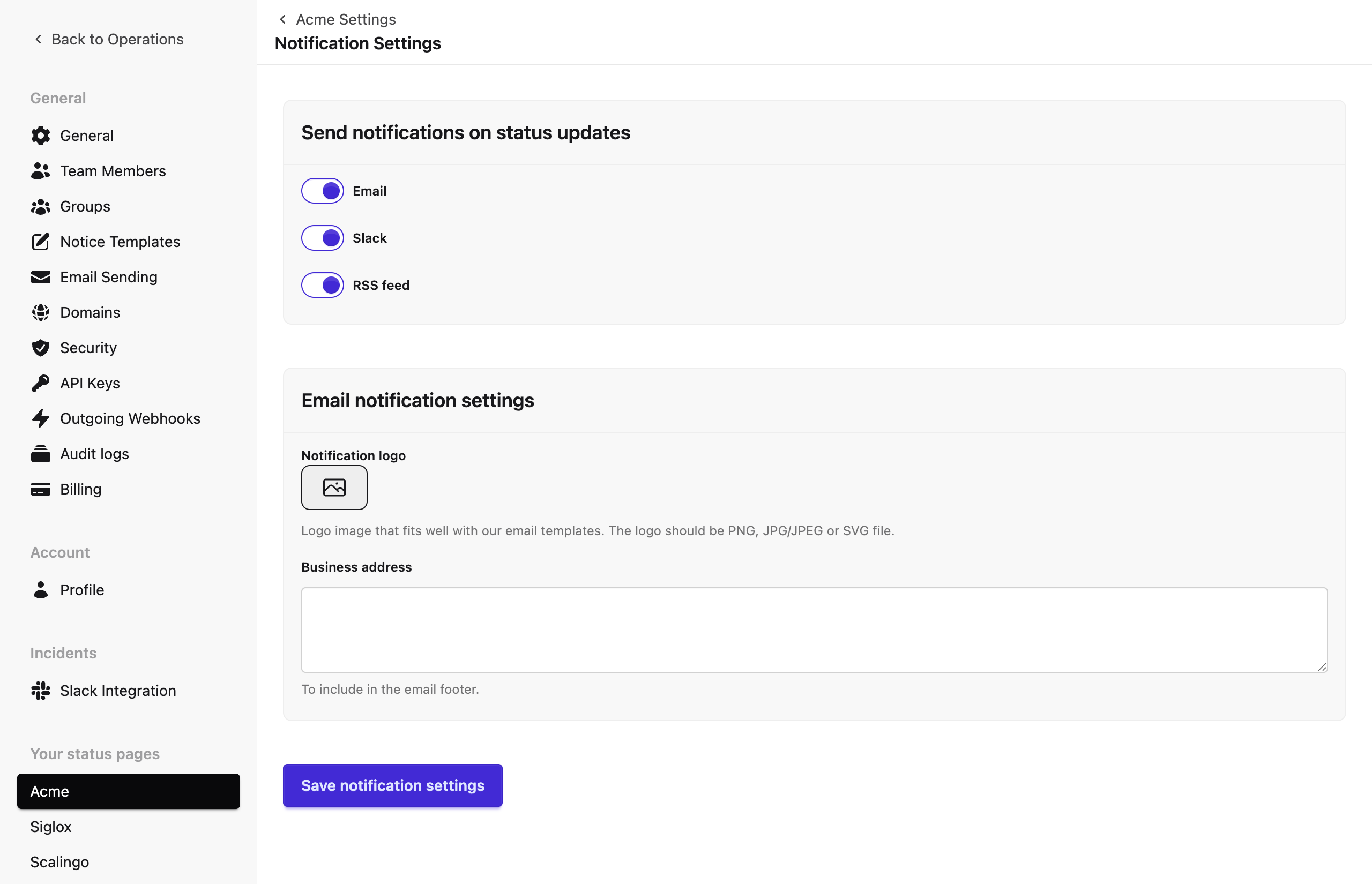 The Notification Settings page with Email, Slack, RSS feed, Calendar feed, Microsoft Teams, Google Chat, and SMS toggles all on, a Notification logo upload, and a Business address text area