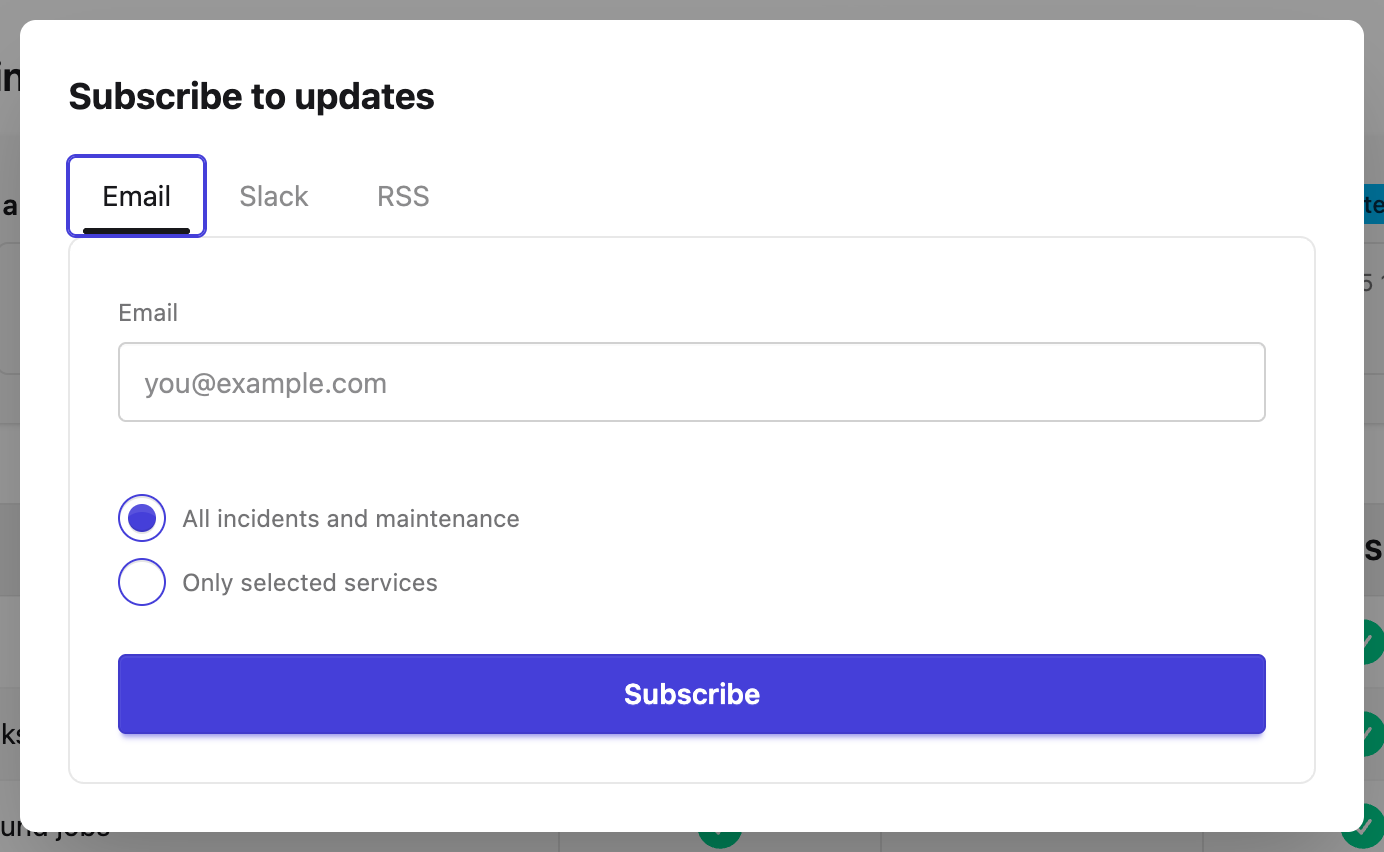 The Subscribe to updates dialog on a status page, showing the Email tab with an email field, All incidents and maintenance selected, and a Subscribe button