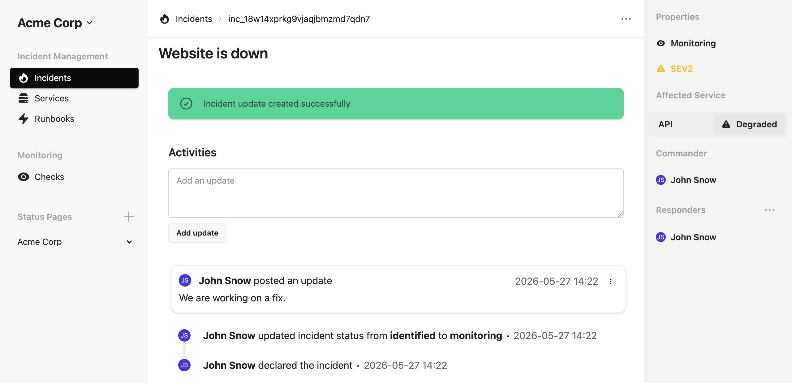 Declare incident form showing fields for title, status, description, affected service, severity, commander, and responders